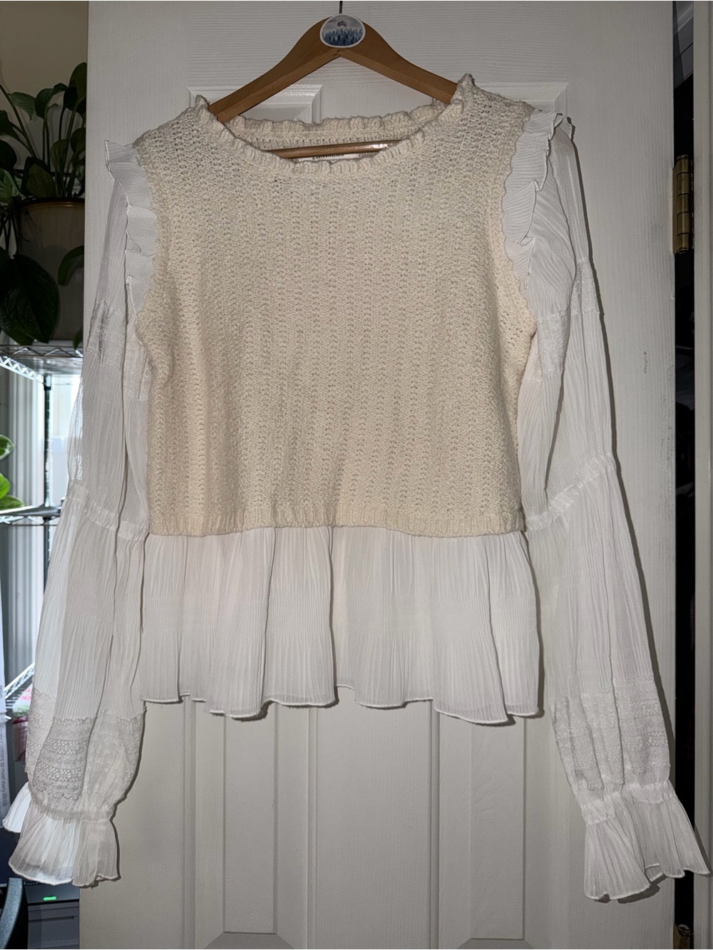 Anthropologie Ivory Mixed Media Knit Chiffon Ruffle Peplum Blouse M